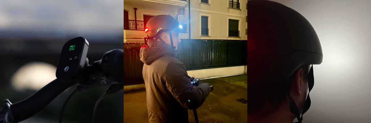 Casque vélo lumineux H01 et alarme B01 Baltee en ville de nuit