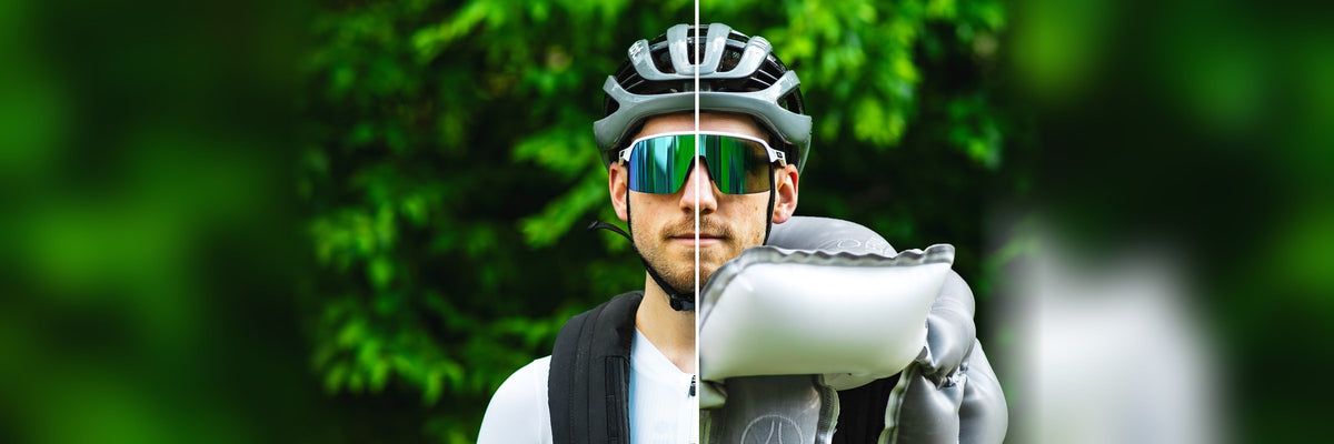 Cycliste avec airbag vélo MASE Airding gonflé autour du cou, vue avant et après déclenchement