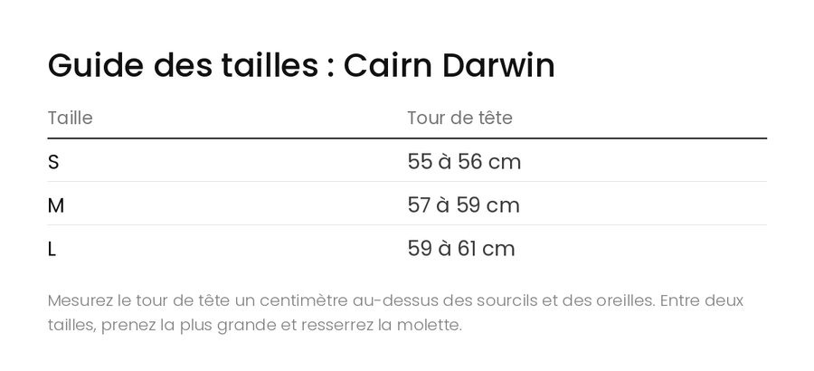 Guide des tailles Casque vélo urbain Cairn Darwin