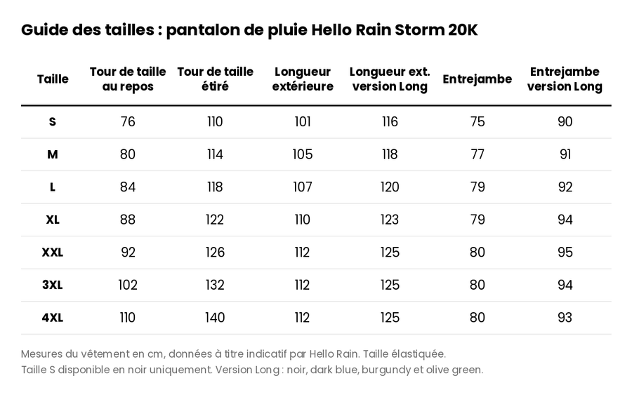 Guide des tailles : pantalon de pluie Hello Rain Storm 20K