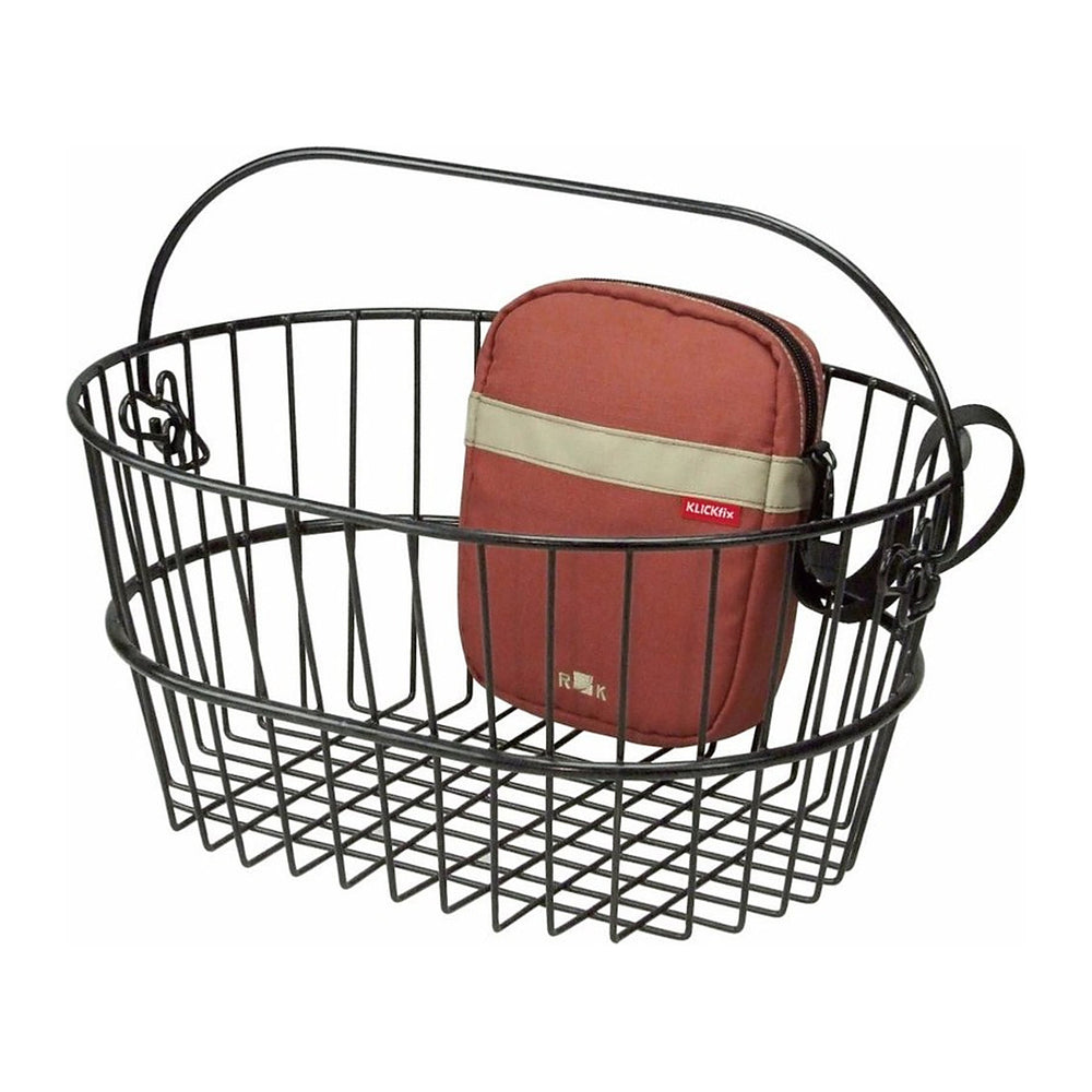 Petite sacoche vélo KlickFix Babs 1,1 L – Rouge – la pochette clipsee sur le bord d un panier metal