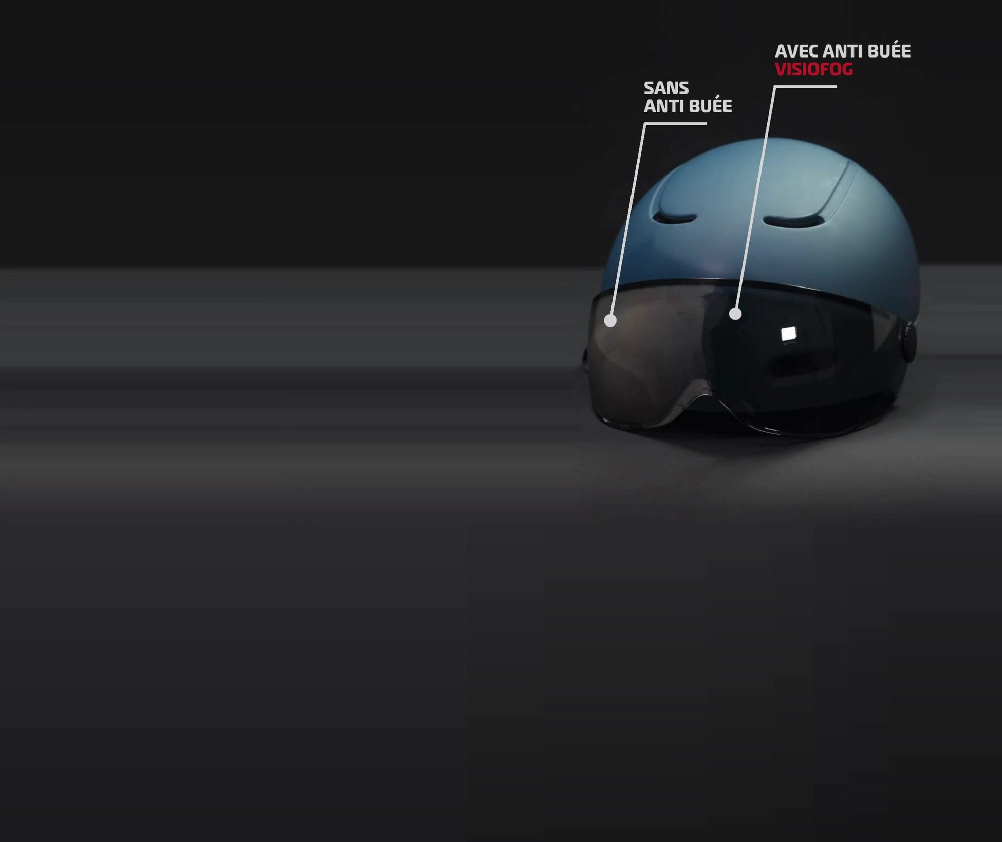 Démonstration anti-buée VisioFog sur la visière d'un casque vélo, avec et sans traitement