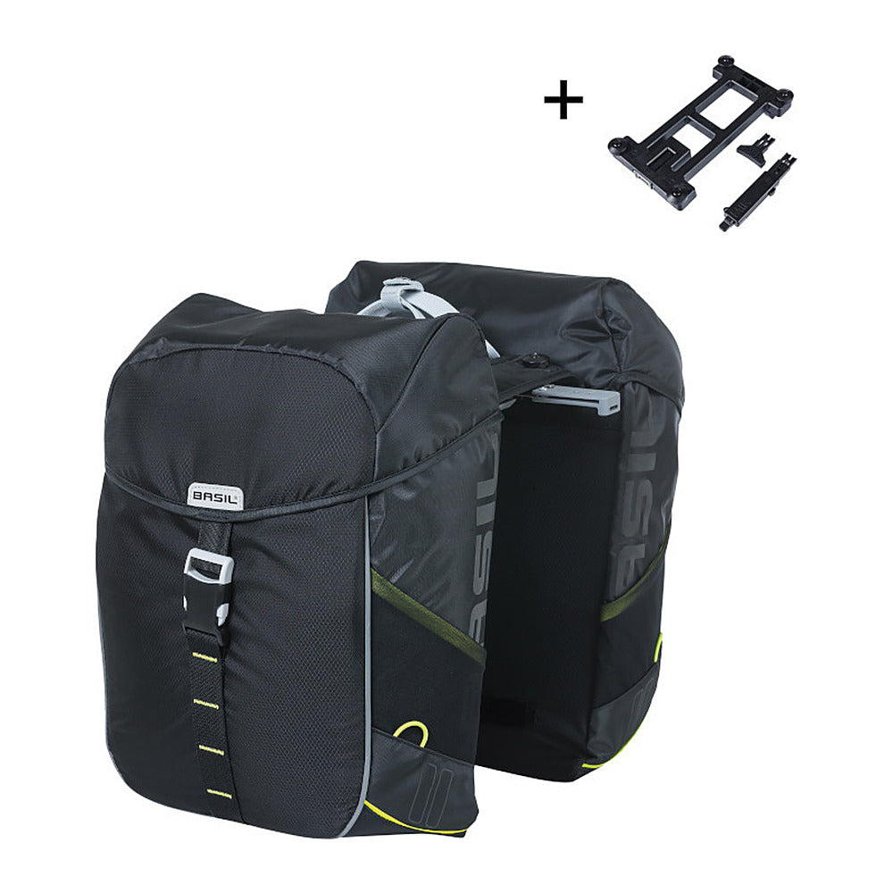 Sacoche double vélo Basil Miles MIK 34 L coloris Black Lime – la paire avec sa plaque MIK fournie