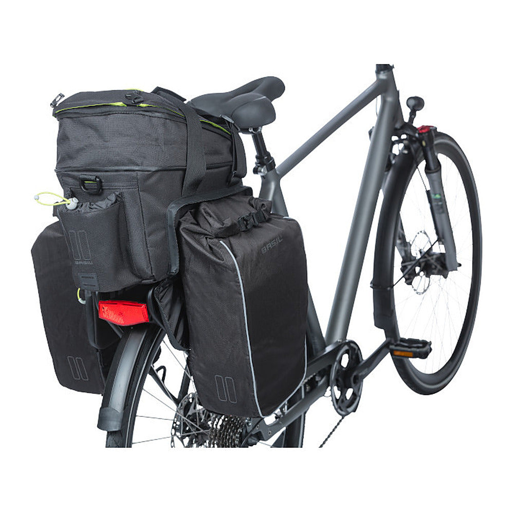 Sacoche porte-bagages Basil Miles Trunkbag XL Pro MIK 9-36 L coloris Black Lime – montee sur un velo, poches depliees