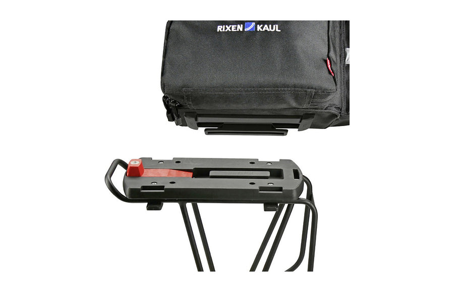 Sacoche KlickFix glissee sur l adaptateur du porte-bagages