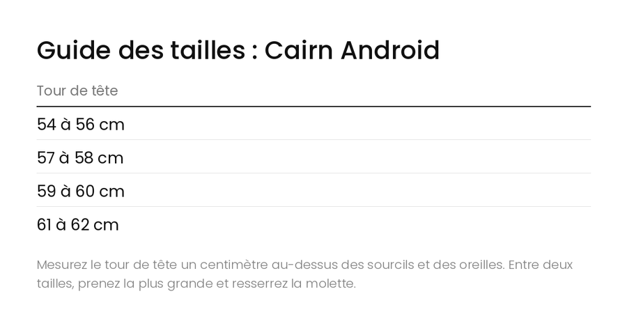 Guide des tailles Casque Ski Cairn Android