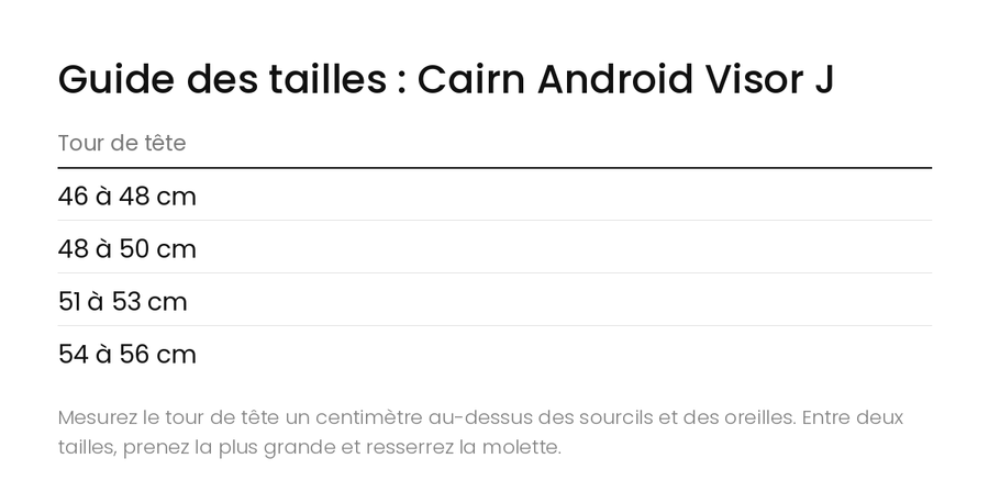 Guide des tailles Casque Ski Enfant Cairn Android Visor J
