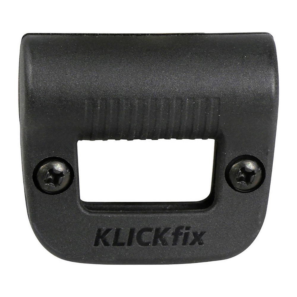 Support d'éclairage pour panier vélo KlickFix – Noir – le clip vu de face avec le logo KLICKfix