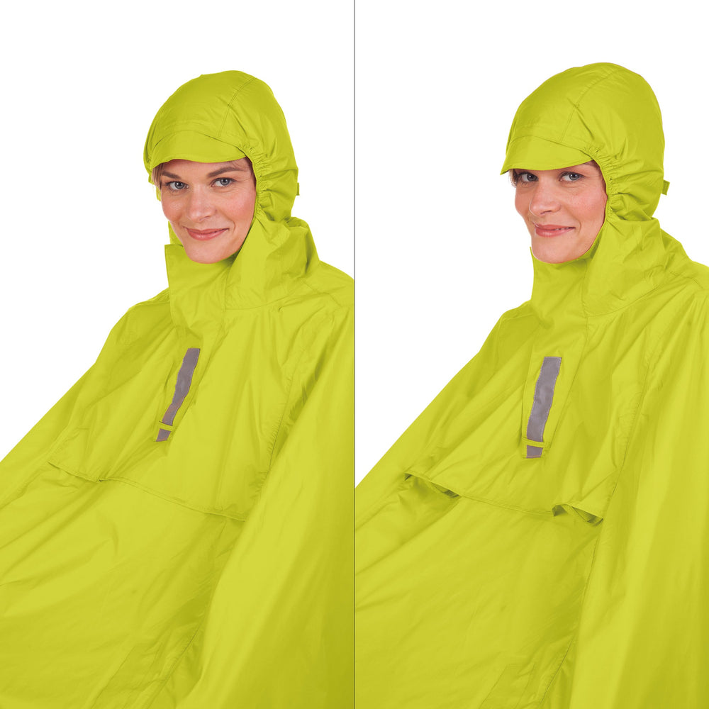 Capuche de la cape Garibaldina 2G jaune fluo portée par une cycliste