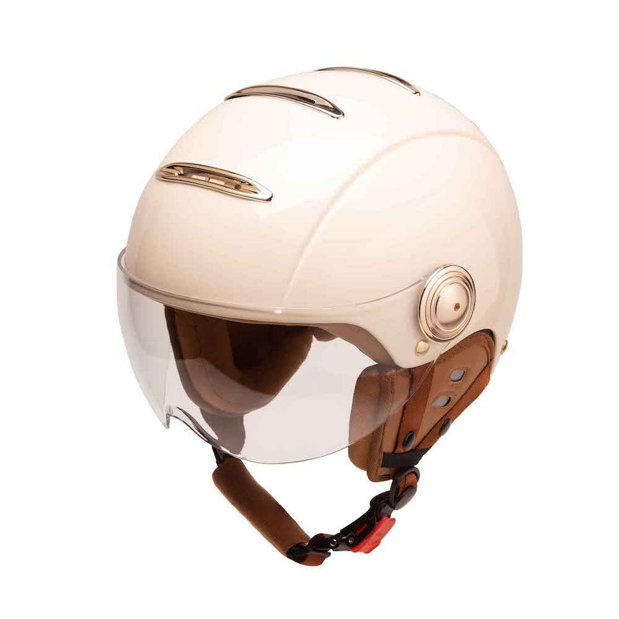 Casque Vélo Urbain Mârkö Helmet Tandem Blanc Ivoire vue de 3/4 avec visière baissée et oreillette montée