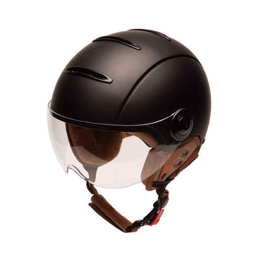 Casque Vélo Urbain Mârkö Helmet Tandem Noir vue de 3/4 avec visière baissée et oreillette montée